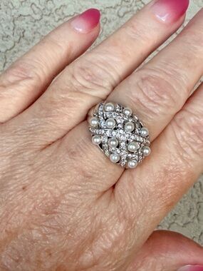 Camille Lucie Silver Pave CZ Pearl Lattice Work Ring